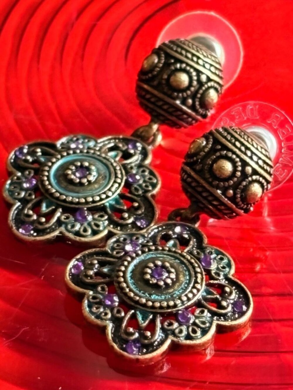 Premier Designs Vintage Boho Brass Flower Drop Earrings Enamel Rhinestone